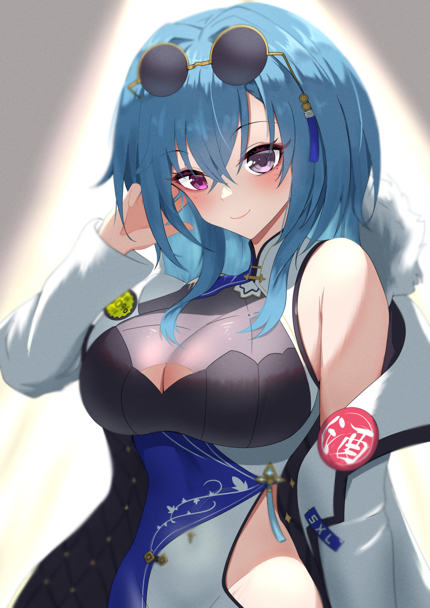 1girl, aogiri_koukou, blue_hair, breasts, china_dress, chinese_clothes, cleavage, cleavage_cutout