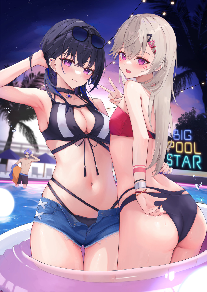1boy, 2girls, absurdres, armpits, ass, bare_shoulders, bikini, black_bikini