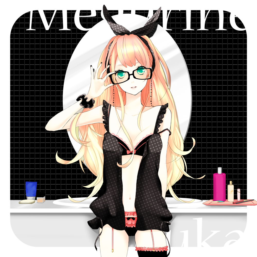 1girl, aqua_eyes, bespectacled, black_nails, bow, bra, coma_(fginiy), female_focus, garter_straps, glasses, hair_bow, hair_ribbon, jewelry, lingerie, long_hair, megurine_luka, nail_polish, navel, panties, pink_hair, ribbon, ring, rounded_corners, solo, thighhighs, underwear, vocaloid