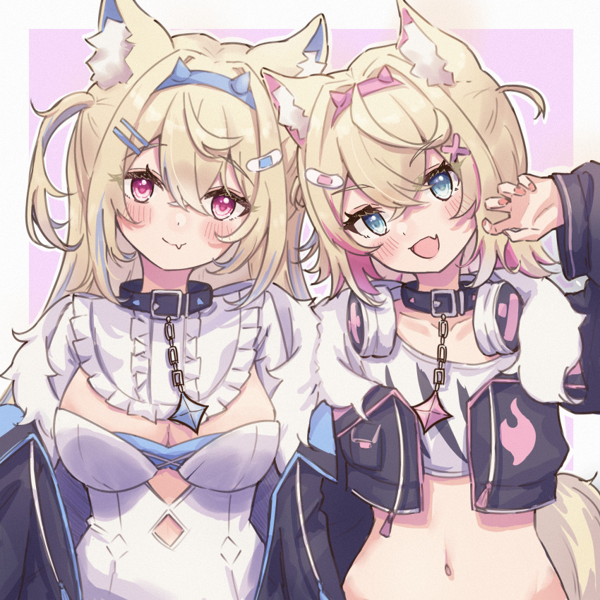 2girls, animal_ear_fluff, animal_ears, bandaid, bandaid_hair_ornament, belt, belt_collar, black_collar