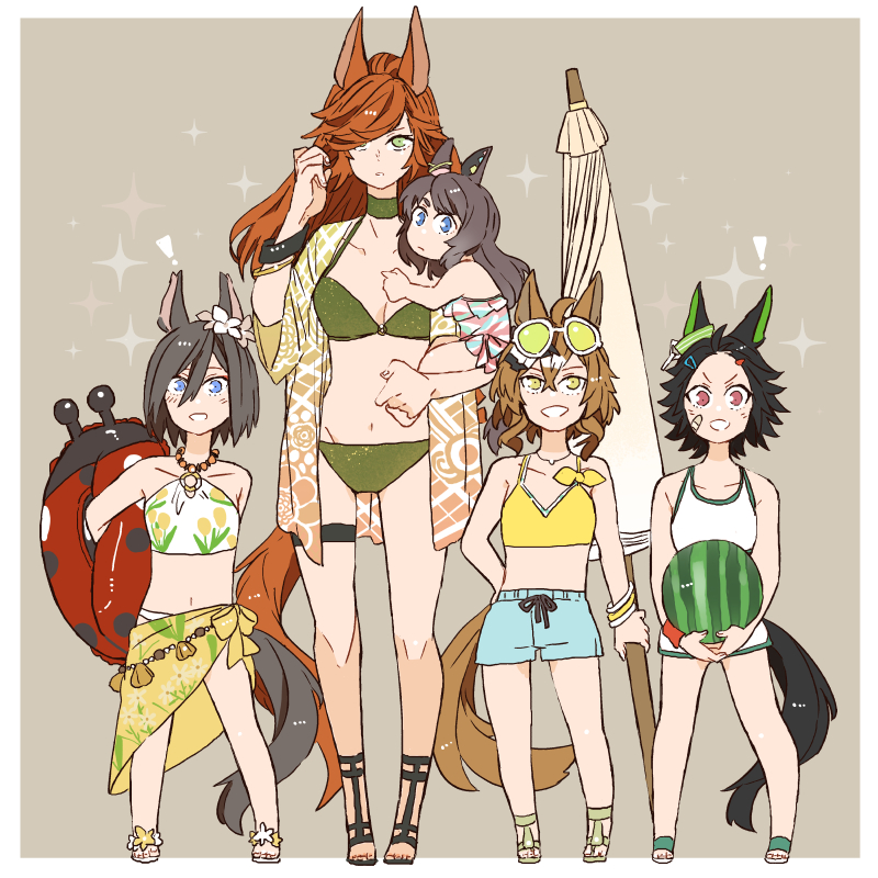 summer_#besties_(umamusume), 5girls, :d, aged_down, air_groove_(seaside_bloom)_(umamusume), air_groove_(umamusume), alternate_costume, animal_ears, asuka_(junerabitts), bandaid, bandaid_on_cheek, bandaid_on_face, bare_shoulders, beach_umbrella, bikini, black_hair, blue_eyes, breasts, brown_background, brown_hair, cleavage, collarbone, ear_flower, eyewear_on_head, floral_print, food, fruit, green_bikini, green_eyes, hair_between_eyes, hair_ornament, hair_over_one_eye, hairclip, holding, holding_food, holding_fruit, horse_ears, horse_girl, horse_tail, jungle_pocket_(tobasuze_hot_summer!)_(umamusume), jungle_pocket_(umamusume), medium_breasts, multiple_girls, navel, official_alternate_costume, open_mouth, orange_hair, red_eyes, sandals, sarong, short_hair, simple_background, smile, sunglasses, swimsuit, tail, thigh_strap, tomboy, toni_bianca_(umamusume), tosen_jordan_(aurore_vacances)_(umamusume), tosen_jordan_(umamusume), umamusume, umamusume:_cinderella_gray, umamusume_horse_relations, umbrella, watermelon, wavy_hair, white-framed_eyewear, white_bikini, winning_ticket_(umamusume), yellow_eyes, yellow_sarong