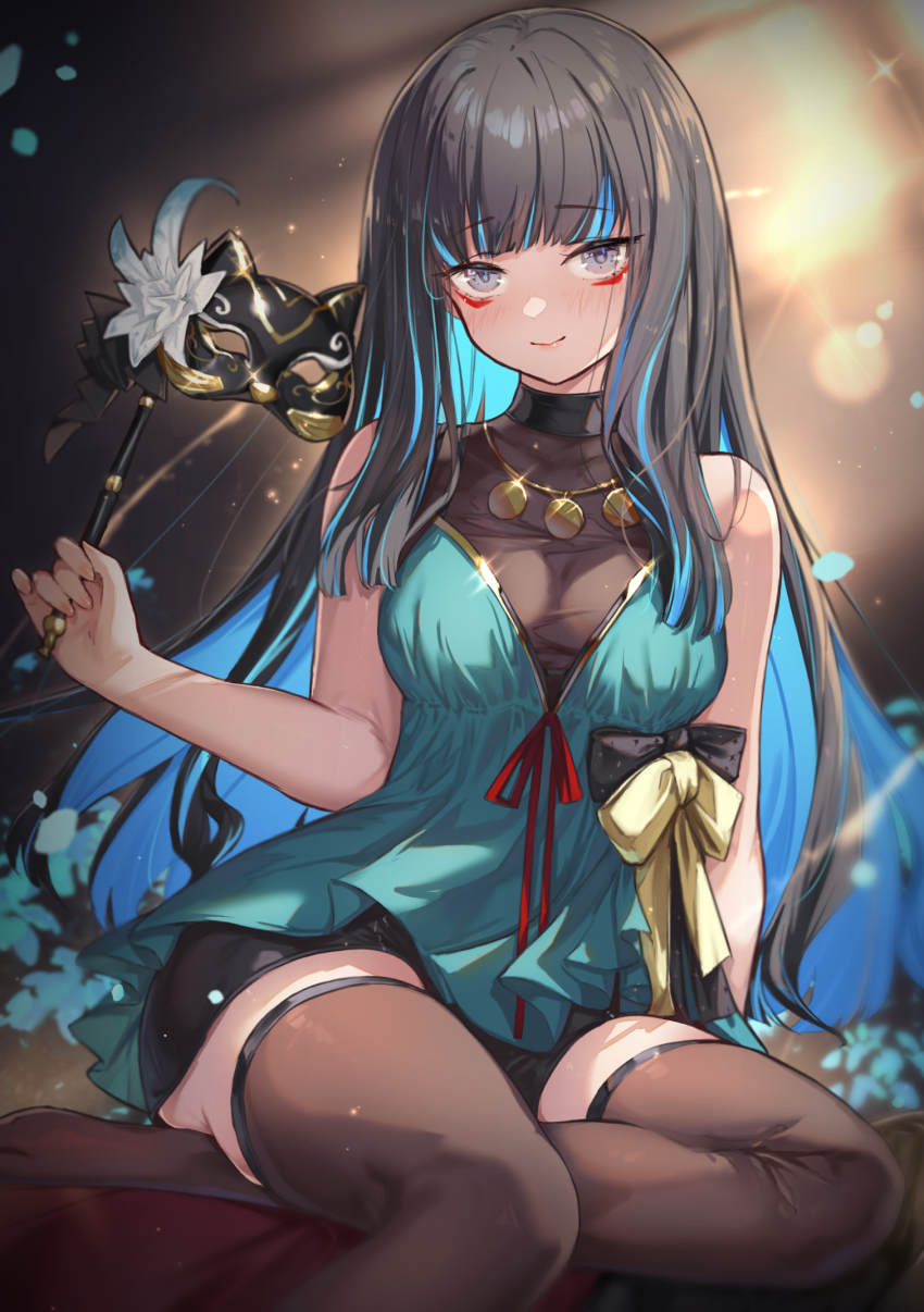 1girl, bare_shoulders, black_hair, blue_hair, breasts, brown_thighhighs, colored_inner_hair, dress, eyeliner, fate/grand_order, fate_(series), green_dress, grey_eyes, highres, jewelry, long_hair, looking_at_viewer, makeup, mask, masquerade_mask, medium_breasts, multicolored_hair, necklace, sidelocks, sitting, smile, solo, tenochtitlan_(event_portrait)_(fate), tenochtitlan_(fate), thighhighs, thighs, ura_illust