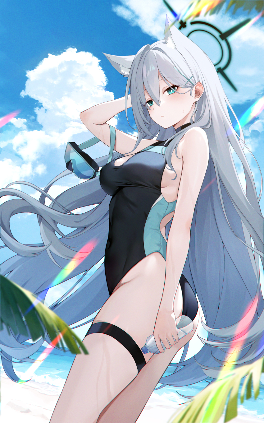 1girl, absurdres, animal_ear_fluff, animal_ears, aqua_eyes, beach, black_halo, blue_archive