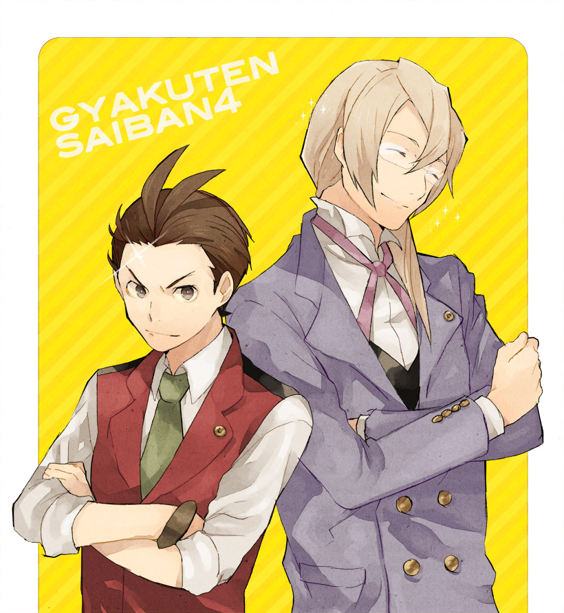 2boys, ace_attorney, apollo_justice, blonde_hair, bracelet, brown_eyes, brown_hair, buttons