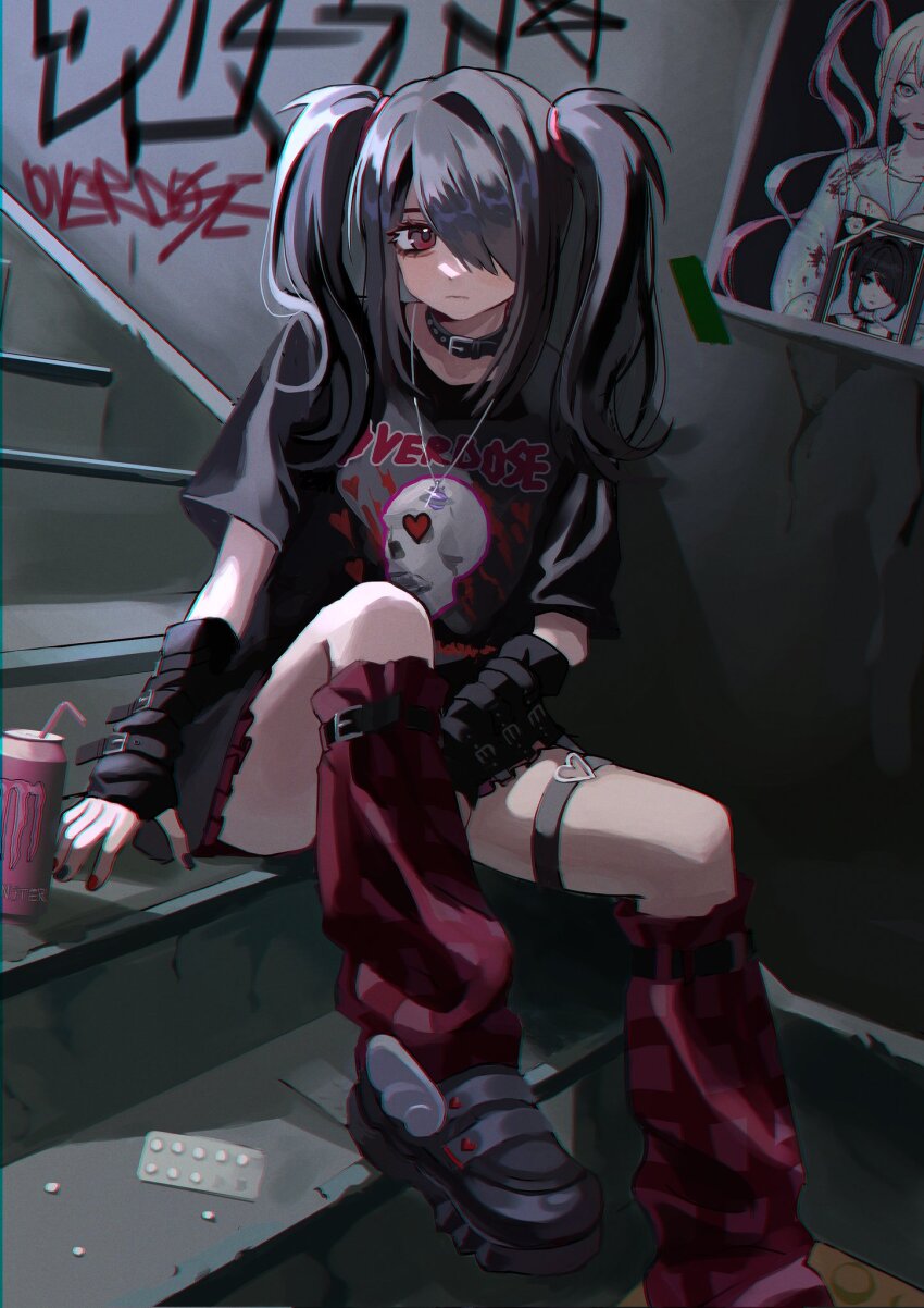 1girl, aegyo_sal, alternate_costume, ame-chan_(emo)_(needy_girl_overdose), ame-chan_(needy_girl_overdose), arm_warmers, between_legs, black_choker, black_hair, black_nails, black_shirt, black_shoes, black_skirt, choker, chouzetsusaikawa_tenshi-chan, commentary_request, copyright_name, drinking_straw, foot_out_of_frame, graffiti, hair_over_one_eye, hair_tie, hand_between_legs, heart, heart_o-ring, highres, korean_commentary, loose_socks, m_psycho_83, monster_energy, multicolored_nails, needy_girl_overdose, o-ring, o-ring_thigh_strap, outdoors, pill, poster_(object), punk, red_eyes, red_nails, red_socks, shirt, shoes, short_sleeves, sitting, sitting_on_stairs, skirt, skull_print, socks, solo, stairs, t-shirt, thigh_strap, twintails