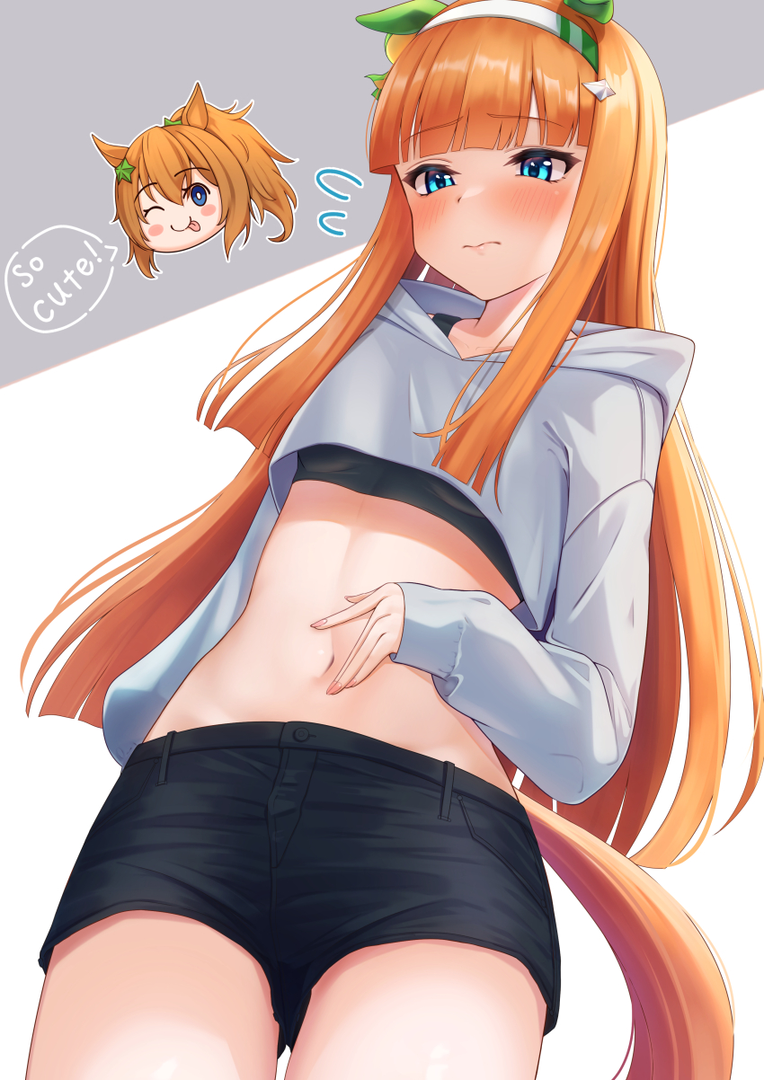 2girls, :p, ;p, absurdres, animal_ears, arugou, black_shorts, black_sports_bra