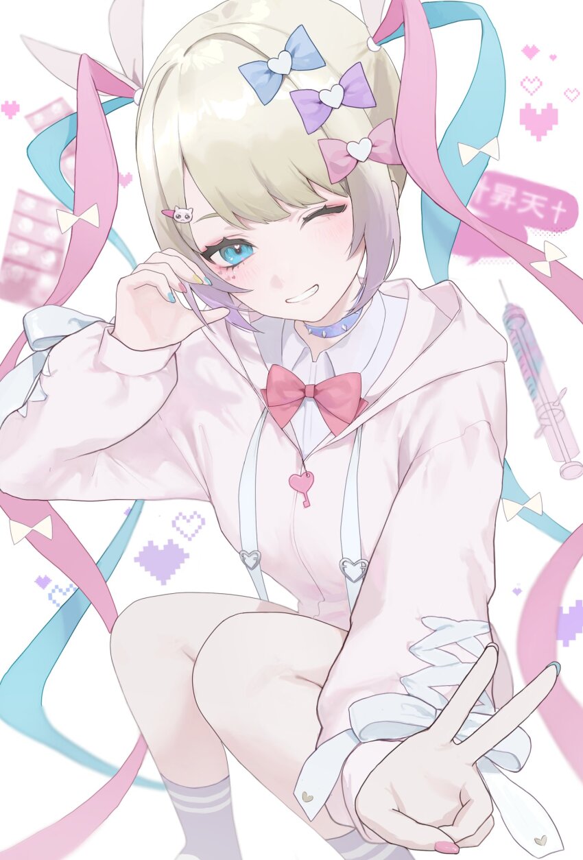 1girl, blonde_hair, blue_bow, blue_eyes, blue_hair, blush, bow, choker