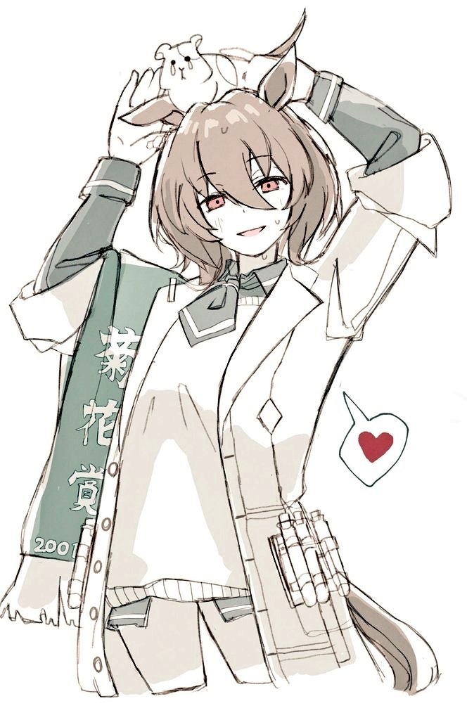 1girl, agnes_tachyon_(tach-nology)_(umamusume), agnes_tachyon_(umamusume), animal, animal_ears, animal_on_head, brown_hair, collared_shirt