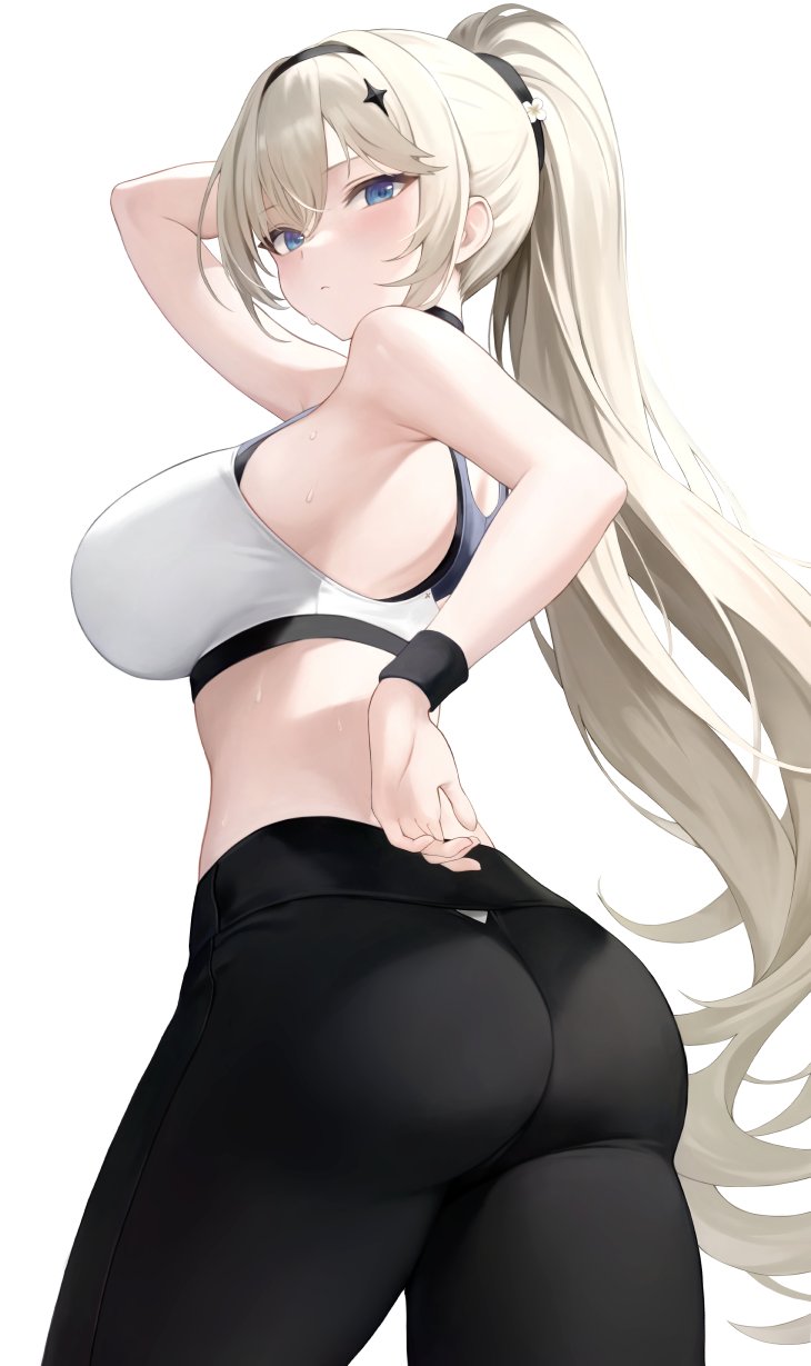1girl, ass, azur_lane, bare_shoulders, black_pants, blonde_hair, blue_eyes, blush