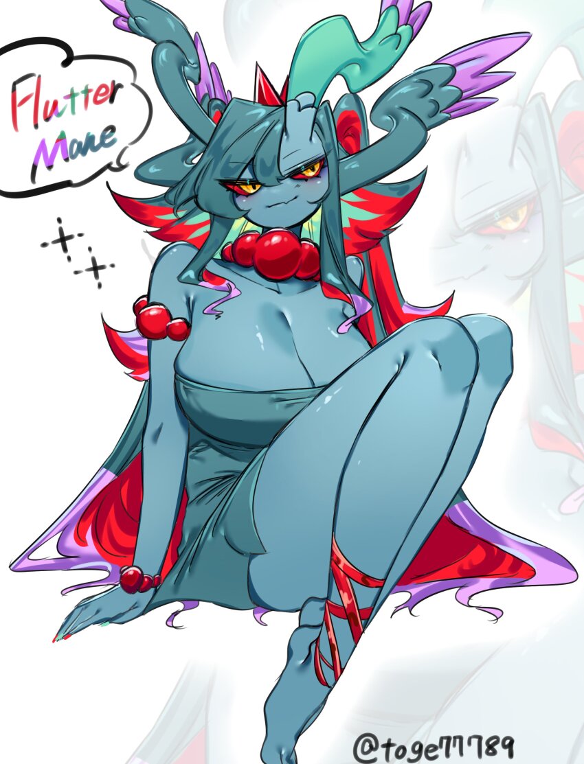 absurdres, barefoot, bracelet, breasts, cleavage, colored_sclera, colored_skin, dress