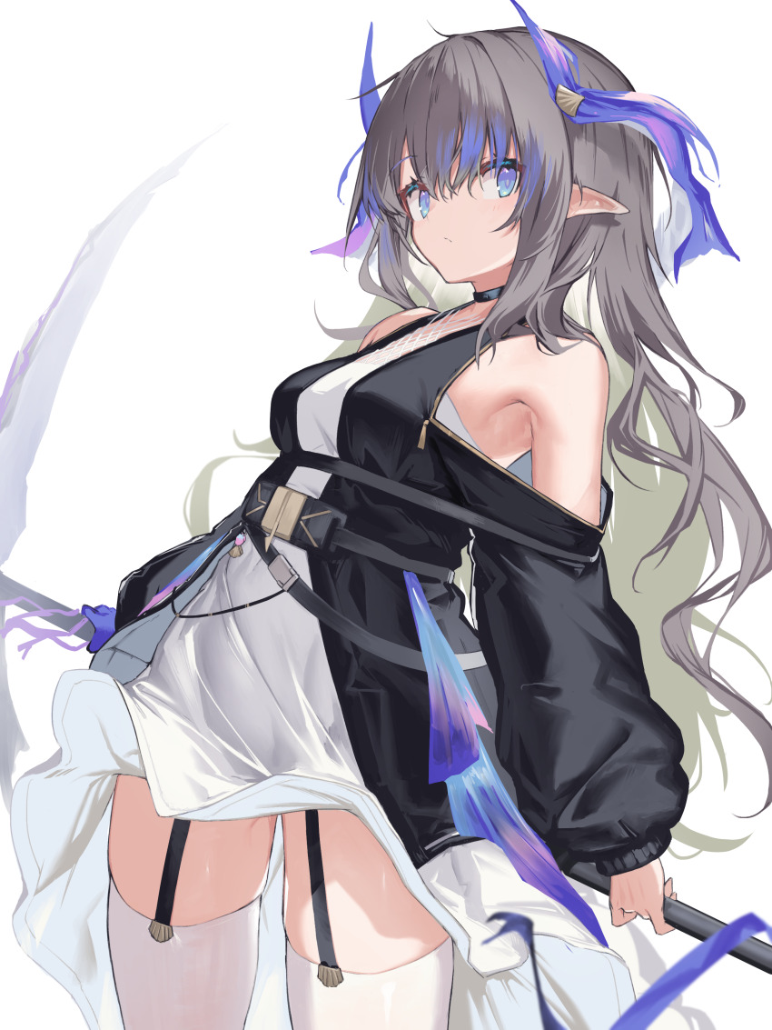 1girl, absurdres, arknights, bare_shoulders, black_choker, black_dress, blue_eyes, breasts