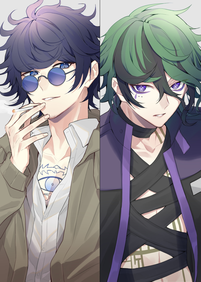 2boys, bandaged_chest, bandaged_neck, bandages, blue-tinted_eyewear, blue_eyes, blue_hair, chest_tattoo, cigarette, coat, collared_shirt, commentary_request, eye_tattoo, eyeliner, facial_hair, glasses, green_hair, grey_jacket, hair_between_eyes, jacket, long_sleeves, looking_at_viewer, makeup, male_focus, master_detective_archives:_rain_code, messy_hair, multicolored_hair, multiple_boys, open_clothes, open_coat, open_mouth, partially_unbuttoned, piercing, purple_eyeliner, purple_eyes, round_eyewear, shirt, short_hair, shouji6989, smile, streaked_hair, stubble, symbol_in_eye, tattoo, tinted_eyewear, upper_body, vivia_twilight, white_shirt, yakou_furio