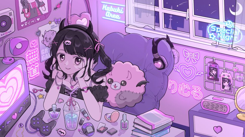 1girl, absurdres, alarm_clock, bag, black_dress, black_hair, blunt_bangs, book