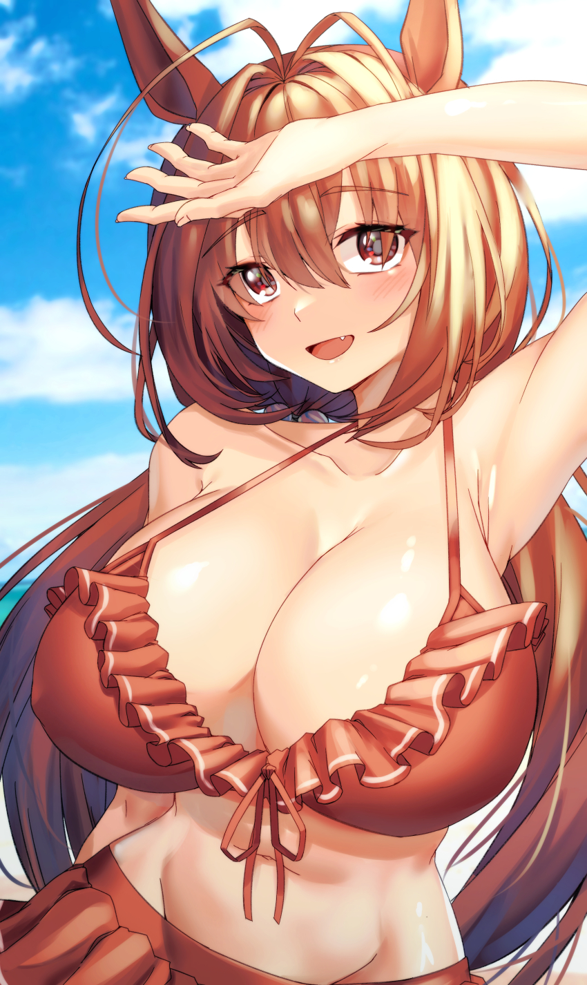 1girl, absurdres, animal_ears, antenna_hair, armpits, bikini, bikini_skirt, breasts