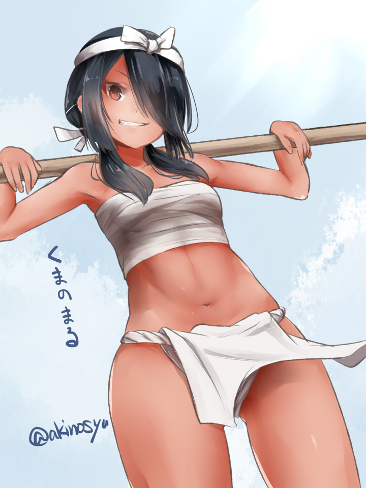1girl, akino_shuu, breasts, brown_eyes, carrying_over_shoulder, chest_sarashi, commentary_request, ecchuu_fundoshi