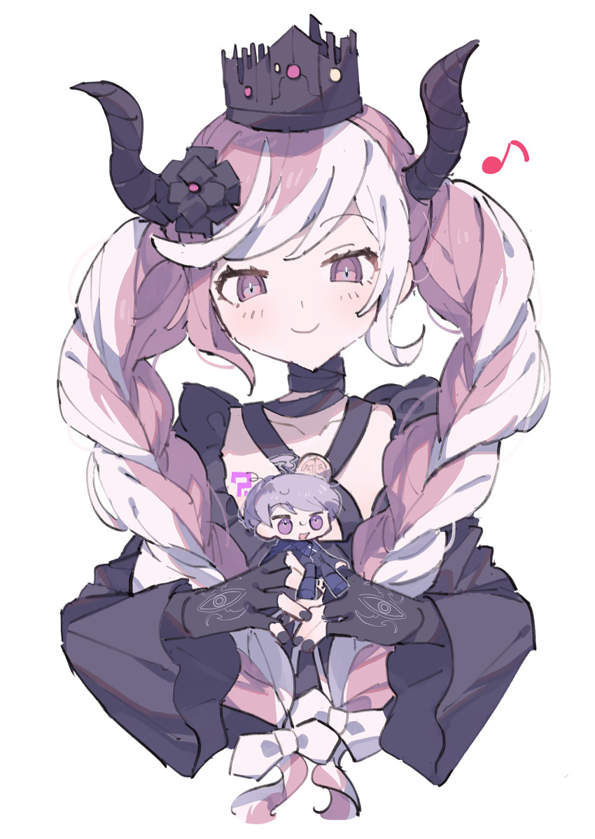 1boy, 1girl, ahoge, black_dress, black_flower, black_gloves, black_horns, black_nails