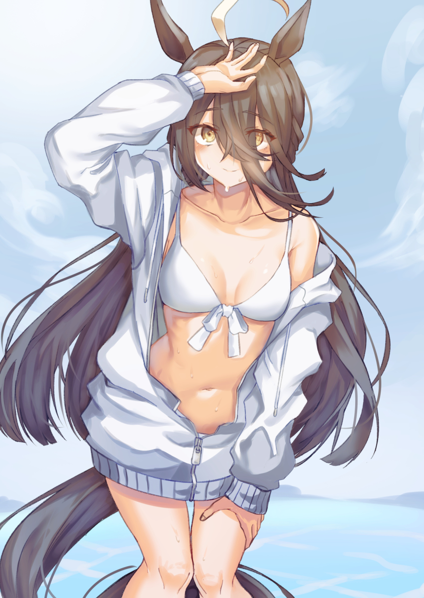 1girl, absurdres, ahoge, animal_ears, bikini, black_hair, blunt_ends, commentary