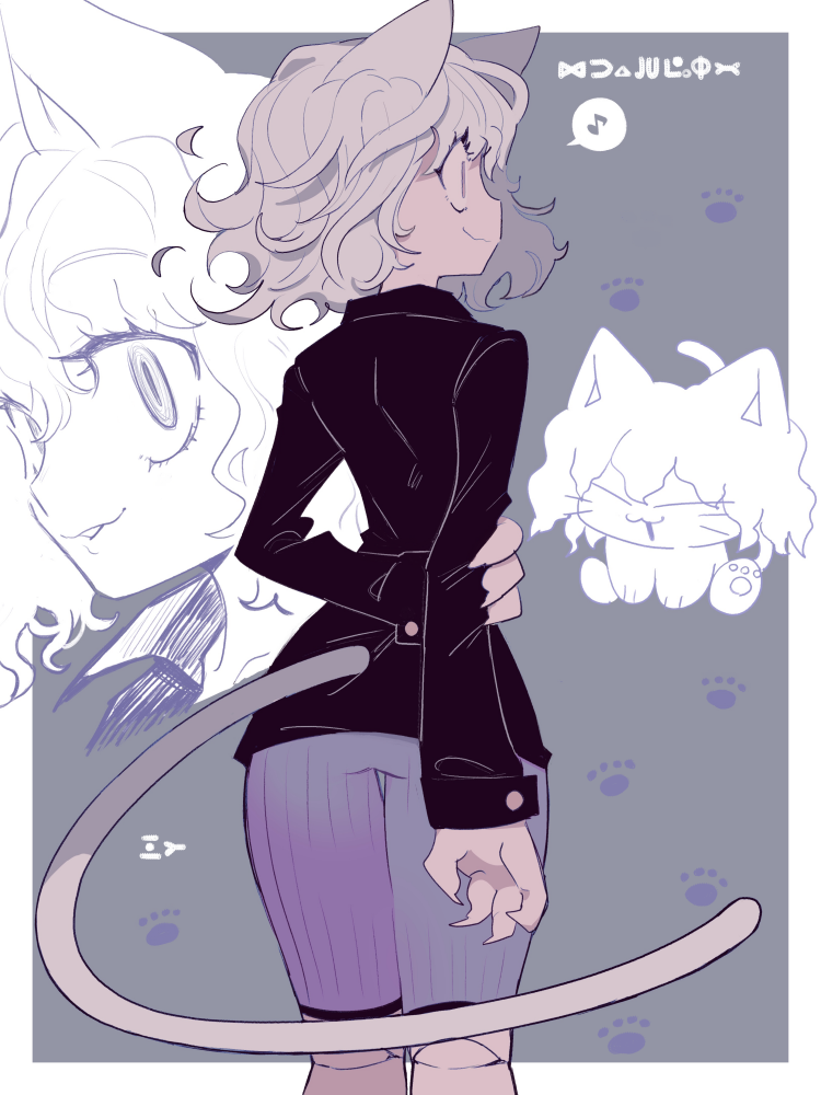 1other, a_(poipiku_325815), androgynous, animal_ears, animalization, black_jacket, blue_shorts, cat_ears, cat_tail, claws, closed_mouth, commentary_request, cowboy_shot, curly_hair, from_behind, grey_background, grey_hair, hand_on_own_arm, hunter_x_hunter, jacket, long_sleeves, looking_ahead, looking_at_viewer, multiple_views, musical_note, neferpitou, other_focus, profile, short_hair, shorts, smile, speech_bubble, spoken_musical_note, standing, tail