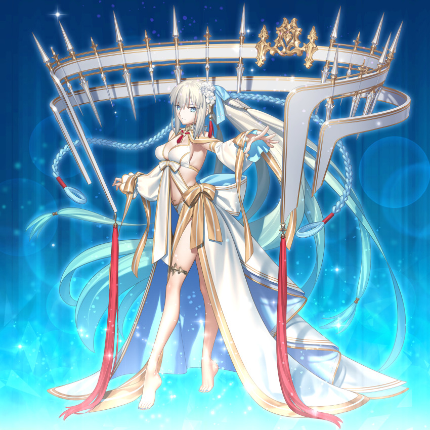 1girl, barefoot, bikini, blue_eyes, blue_hair, blue_nails, braid, breasts