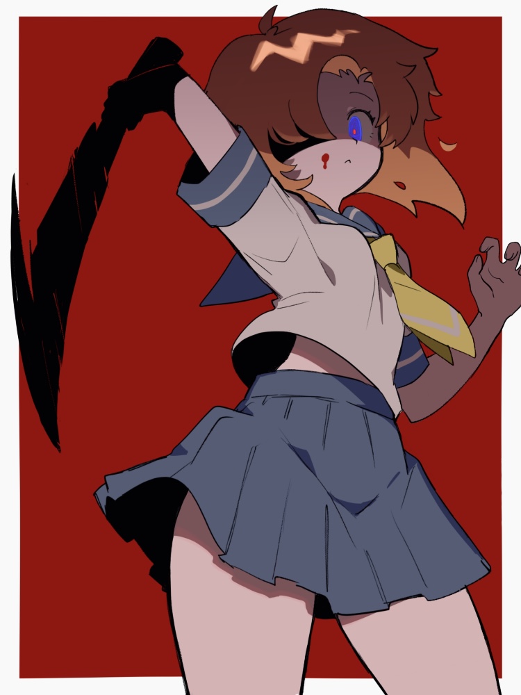 1girl, a_(poipiku_325815), arm_up, blood, blood_on_face, blue_eyes, blue_sailor_collar, blue_skirt