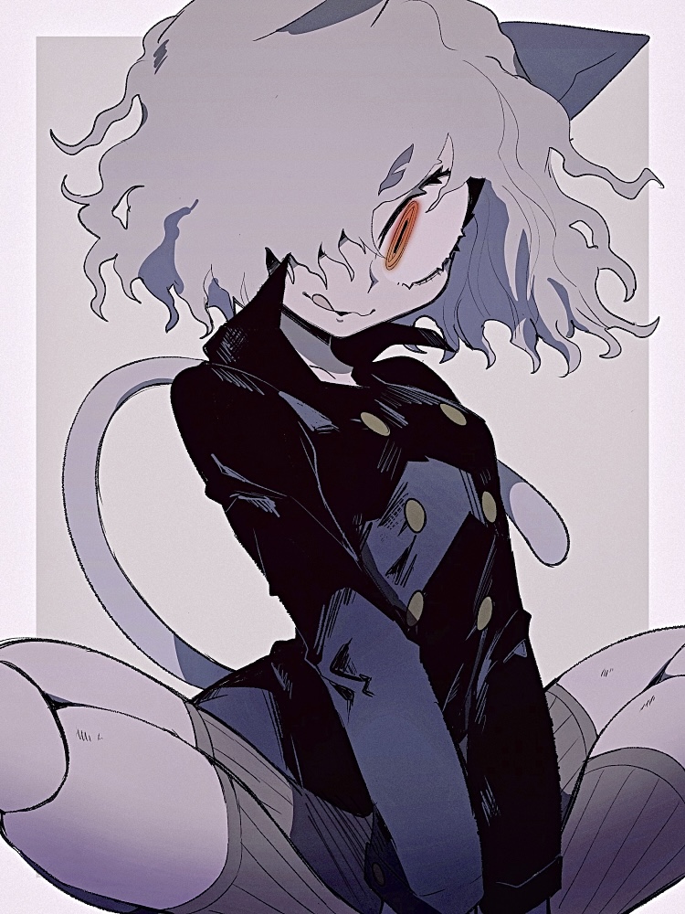 1other, a_(poipiku_325815), androgynous, animal_ears, between_legs, black_jacket, border, cat_ears, cat_tail, commentary_request, curly_hair, doll_joints, grey_background, grey_hair, grey_shorts, grey_socks, hair_over_one_eye, hand_between_legs, hunter_x_hunter, jacket, joints, long_sleeves, looking_at_viewer, neferpitou, orange_eyes, other_focus, short_hair, shorts, sitting, smile, socks, solo, tail, tongue, tongue_out, white_border