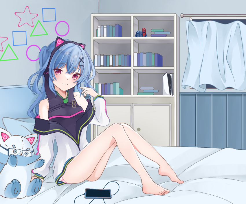 1girl, animal_ears, barefoot, bed, bed_sheet, blue_hair, blush, book