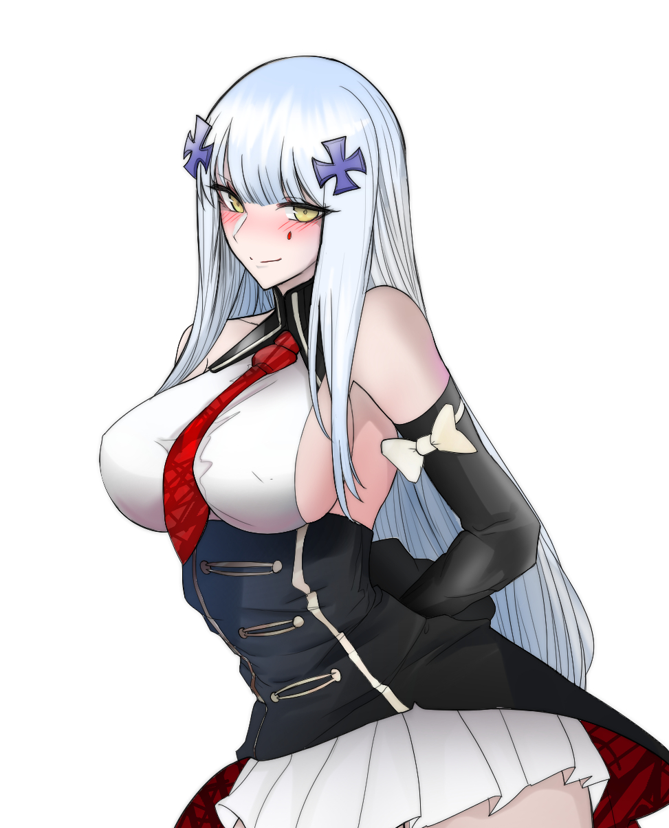 1girl, bare_shoulders, blush, breasts, closed_mouth, clukay_(aflame_accent)_(neural_cloud), clukay_(neural_cloud), cowboy_shot, facial_mark, girls'_frontline, girls'_frontline_neural_cloud, green_eyes, highres, hk416_(girls'_frontline), large_breasts, long_hair, looking_at_viewer, miniskirt, pleated_skirt, shirt, sideboob, simple_background, skirt, smile, solo, standing, swavigg, tattoo, teardrop, teardrop_facial_mark, teardrop_tattoo, white_background, white_shirt, white_skirt