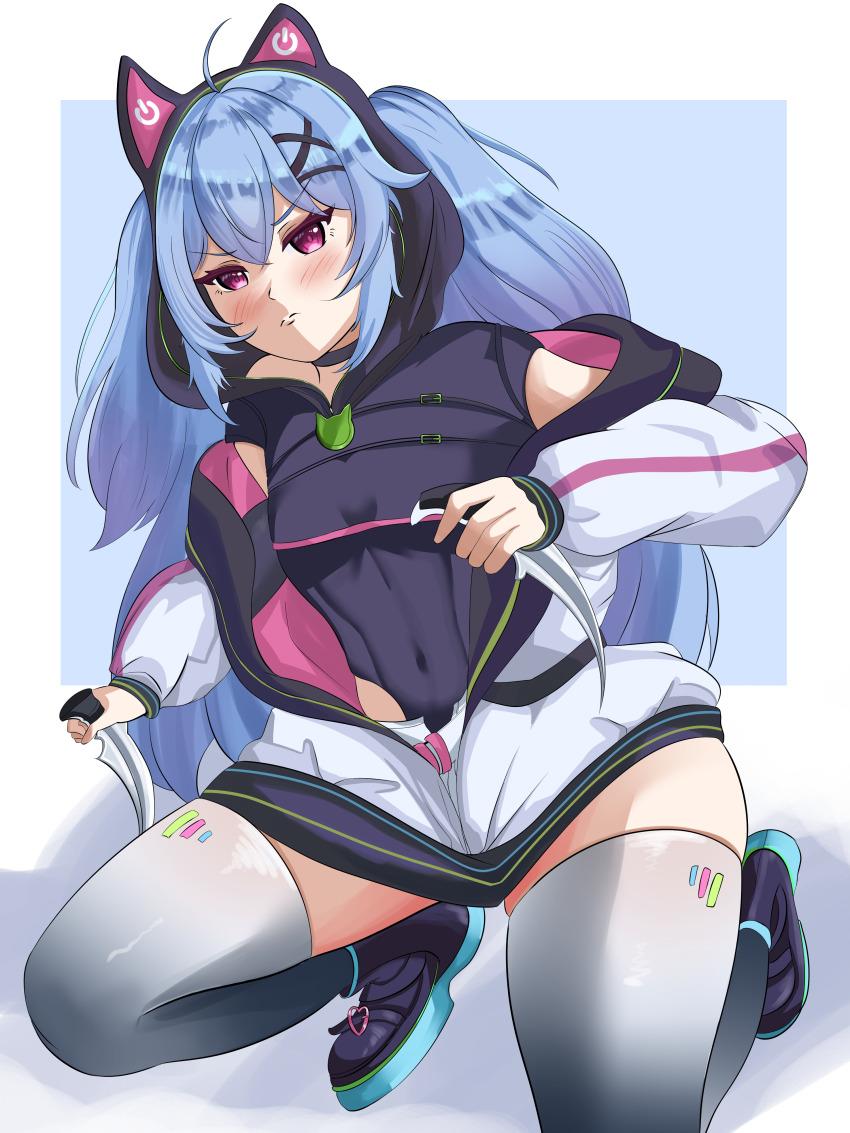 1girl, absurdres, animal_ears, blue_hair, blush, blush_stickers, chiaki_katsumi, commission