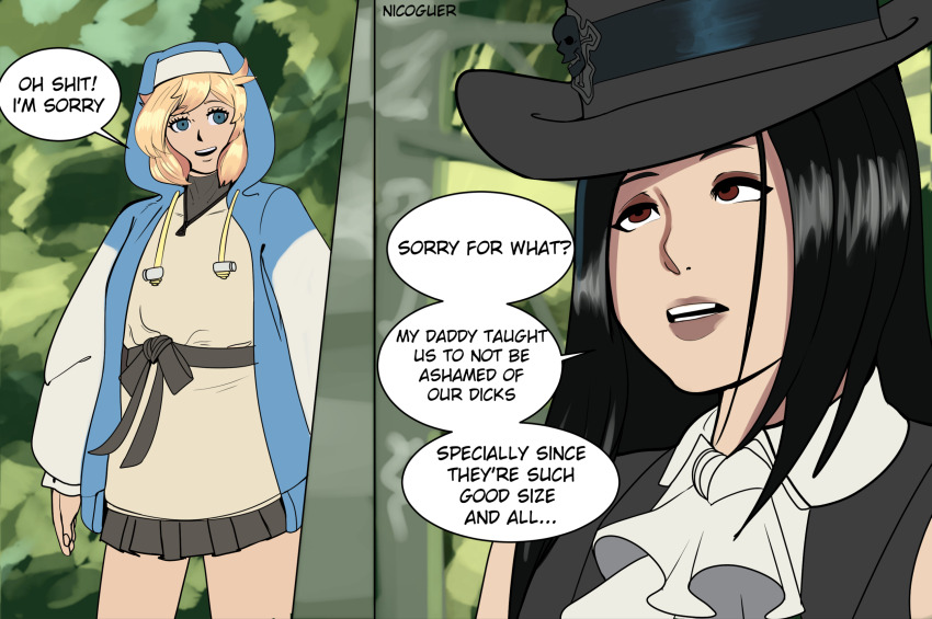 2boys, androgynous, ascot, black_hair, black_headwear, black_skirt, blonde_hair, bridget_(guilty_gear), english_text, gachimuchi, green_eyes, guilty_gear, guilty_gear_strive, habit, hat, hat_ornament, highres, hood, hood_up, hooded_jacket, hoodie, jacket, long_hair, long_sleeves, looking_at_viewer, male_focus, medium_hair, multiple_boys, nicoguer, open_clothes, open_hoodie, open_mouth, pleated_skirt, puffy_long_sleeves, puffy_sleeves, red_eyes, skirt, skull_hat_ornament, smile, speech_bubble, testament_(guilty_gear), top_hat, trap, white_ascot