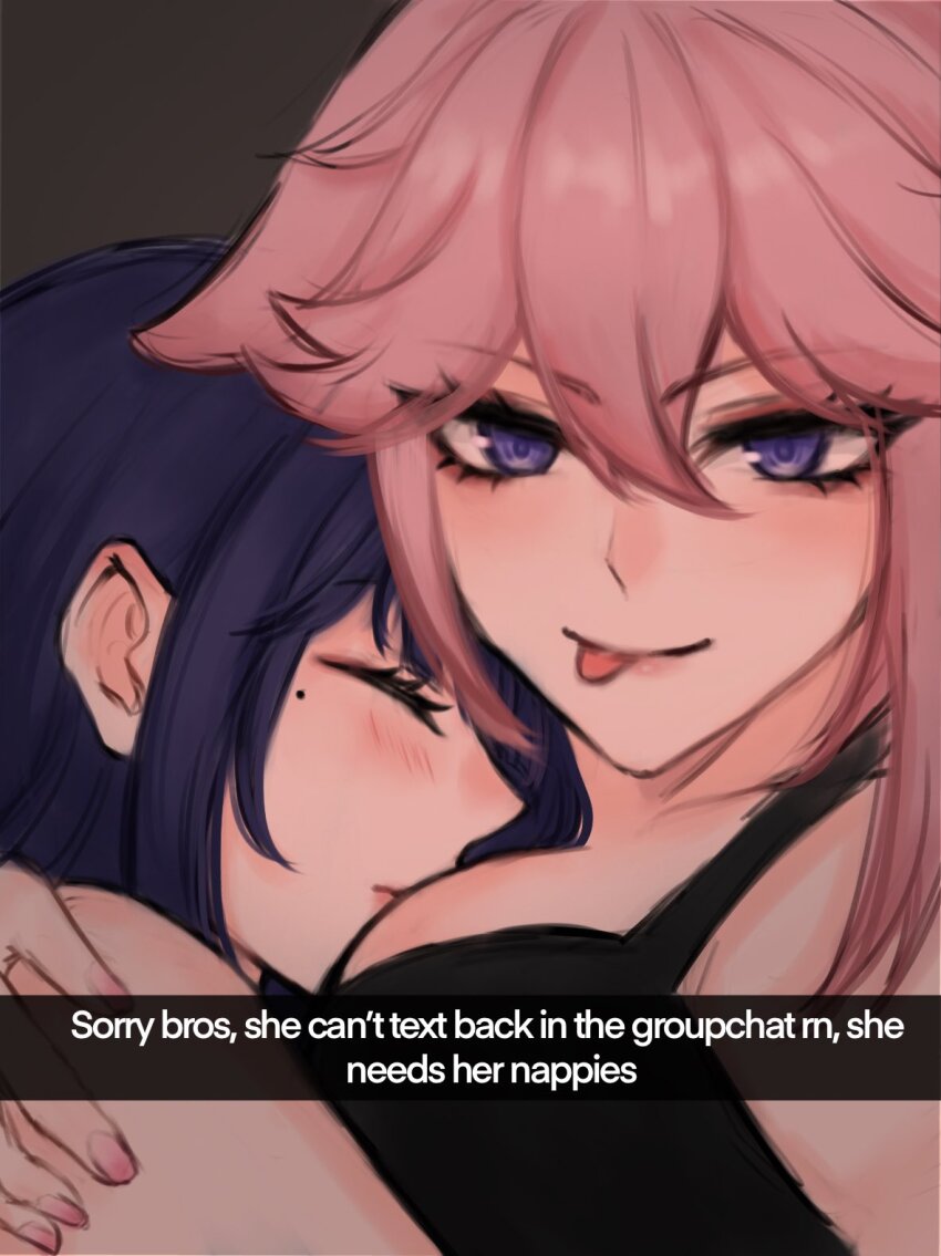 2girls, :p, a_ai_ri, between_breasts, black_shirt, blue_eyes, breasts, closed_mouth, english_text, fingernails, genshin_impact, grey_background, hair_between_eyes, hand_on_another's_shoulder, head_between_breasts, highres, large_breasts, looking_at_viewer, meme, mole, mole_under_eye, multiple_girls, pink_hair, purple_hair, raiden_shogun, shirt, simple_background, sleeping, sleeveless, sleeveless_shirt, smile, snapchat, tongue, tongue_out, upper_body, yae_miko, yuri