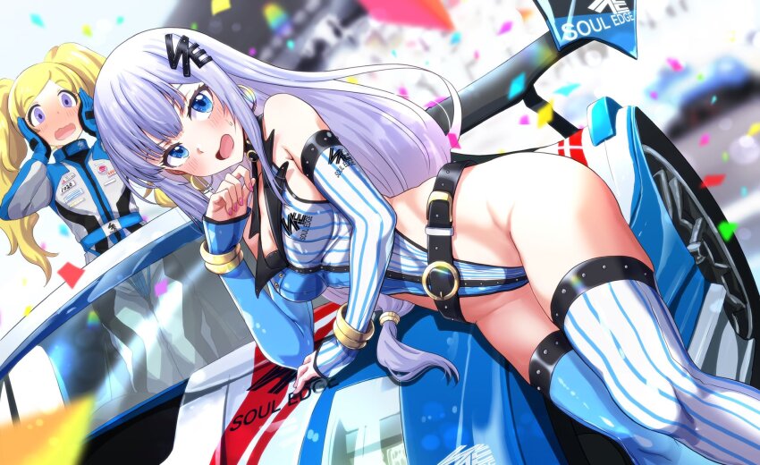 2girls, belt, blonde_hair, blue_eyes, blue_thighhighs, blush, bracelet, breasts