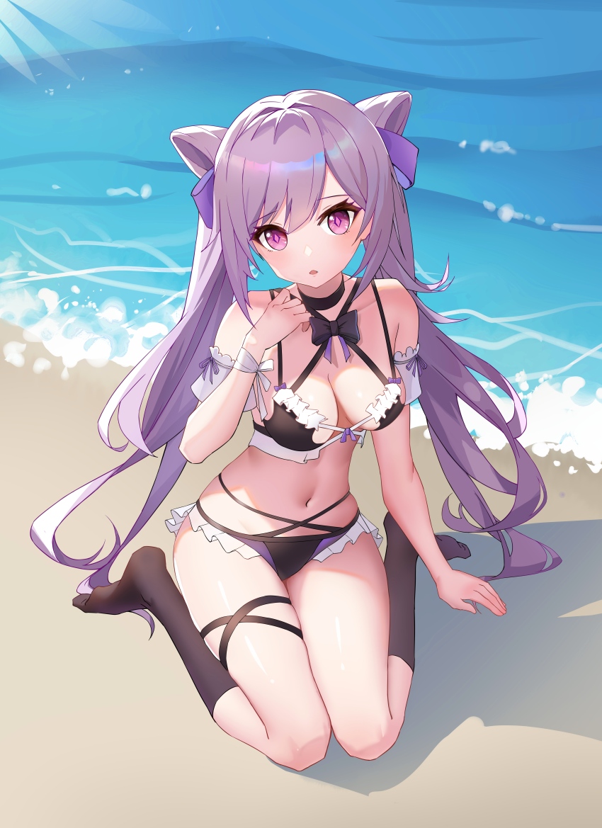 1girl, absurdres, bare_shoulders, bi_tian_li_de_xing, bikini, black_socks, breasts, commentary_request