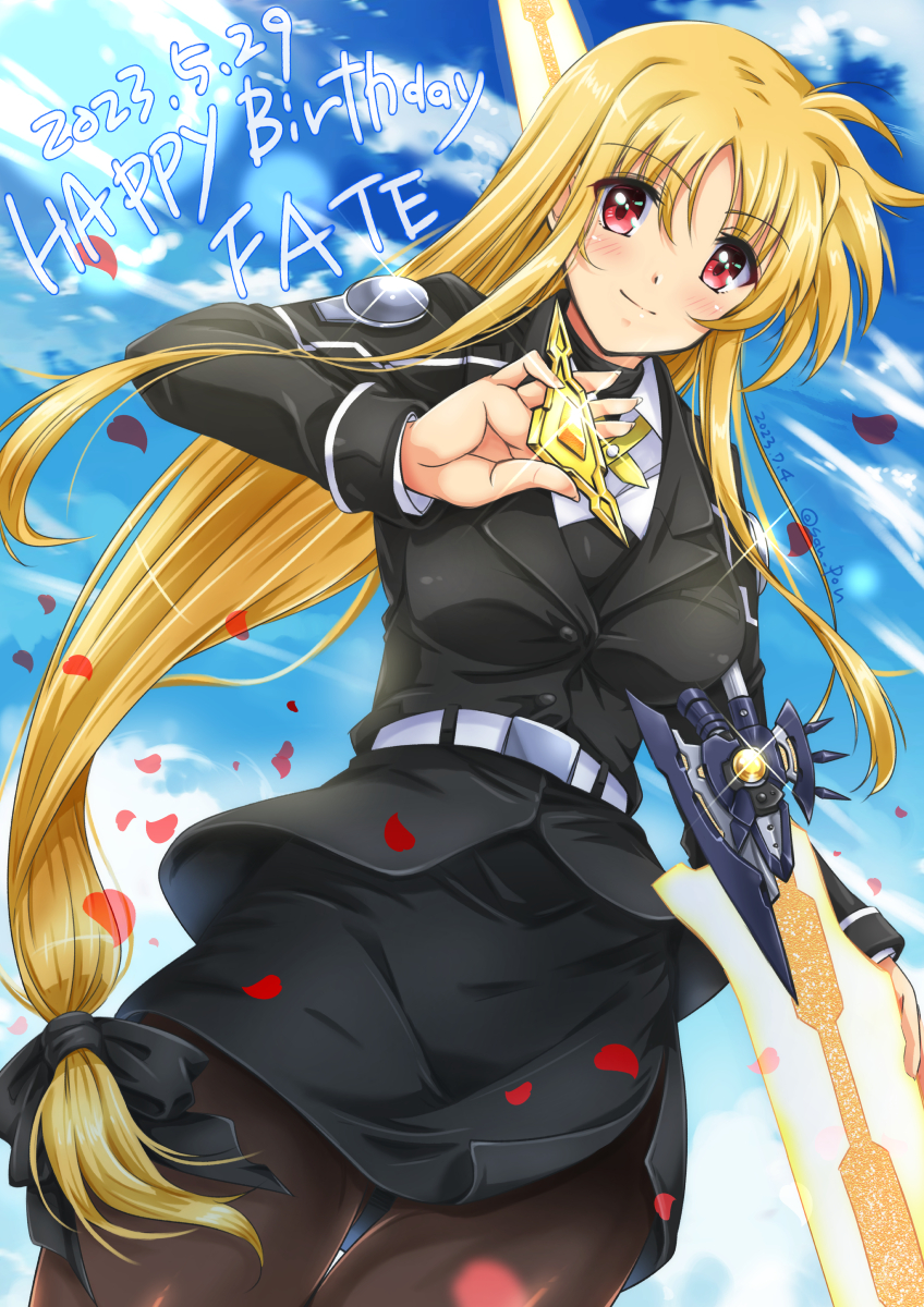 1girl, 2023, bardiche_(nanoha), bardiche_(riot_blade_ii)_(nanoha), bardiche_(standby_form)_(nanoha), black_bow, black_jacket, black_pantyhose