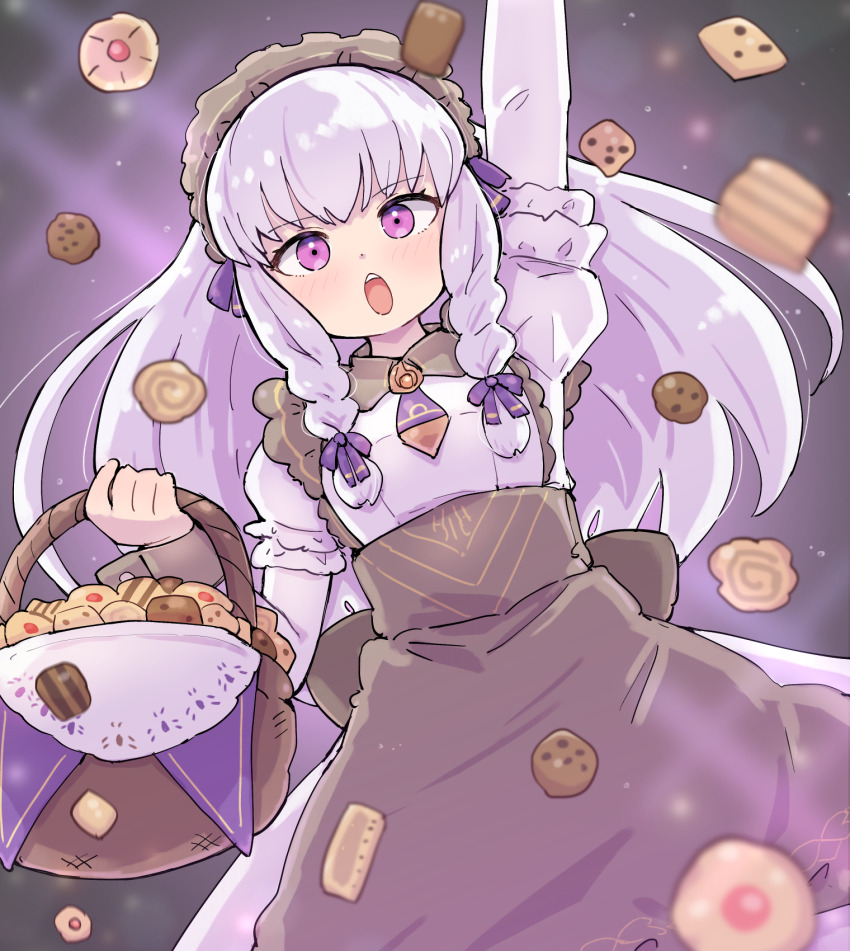 1girl, apron, basket, braid, braided_sidelock, brown_apron, cookie, dress, fire_emblem, fire_emblem:_three_houses, fire_emblem_heroes, food, frilled_dress, frills, highres, holding, holding_basket, kutabireta_neko, looking_at_viewer, lysithea_von_ordelia, lysithea_von_ordelia_(tea_party), maid, maid_headdress, nintendo, official_alternate_costume, official_alternate_hairstyle, open_mouth, purple_eyes, solo, teeth, upper_body, upper_teeth_only, white_dress, white_hair