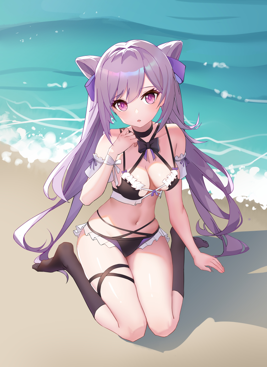 1girl, absurdres, bare_shoulders, bi_tian_li_de_xing, bikini, black_socks, breasts, commentary_request, cone_hair_bun, double_bun, genshin_impact, hair_bun, hand_up, highres, keqing_(genshin_impact), kneehighs, long_hair, medium_breasts, navel, no_shoes, on_ground, open_mouth, partial_commentary, purple_eyes, purple_hair, revision, shore, sitting, socks, solo, swimsuit, thigh_strap, twintails, very_long_hair, wariza, water