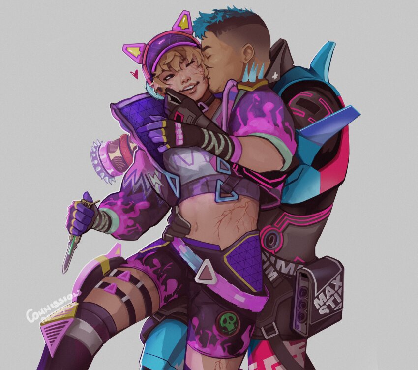 1boy, 1girl, absurdres, apex_legends, belt, black_bodysuit, black_gloves, black_shorts