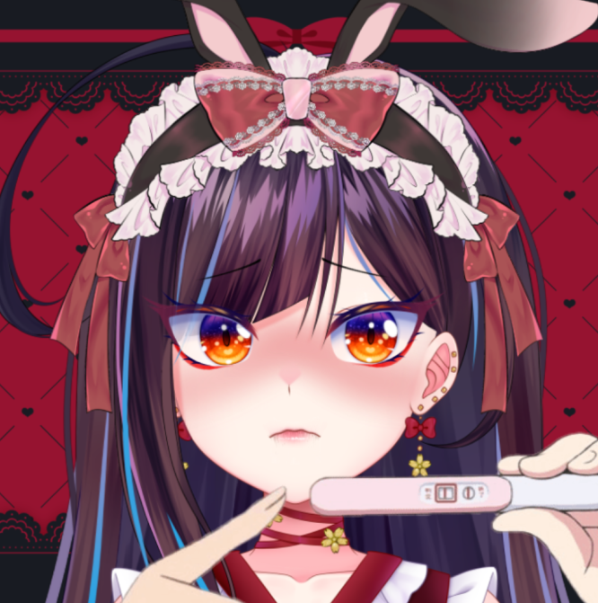 1girl, ahoge, angry, blue_hair, blush, collar, dress, embarrassed, hikari_kotori, kudalive, long_hair, looking_at_viewer, multicolored_hair, orange_eyes, purple_hair, rabbit_ears, red_dress, ribbon, two-tone_hair, very_long_hair