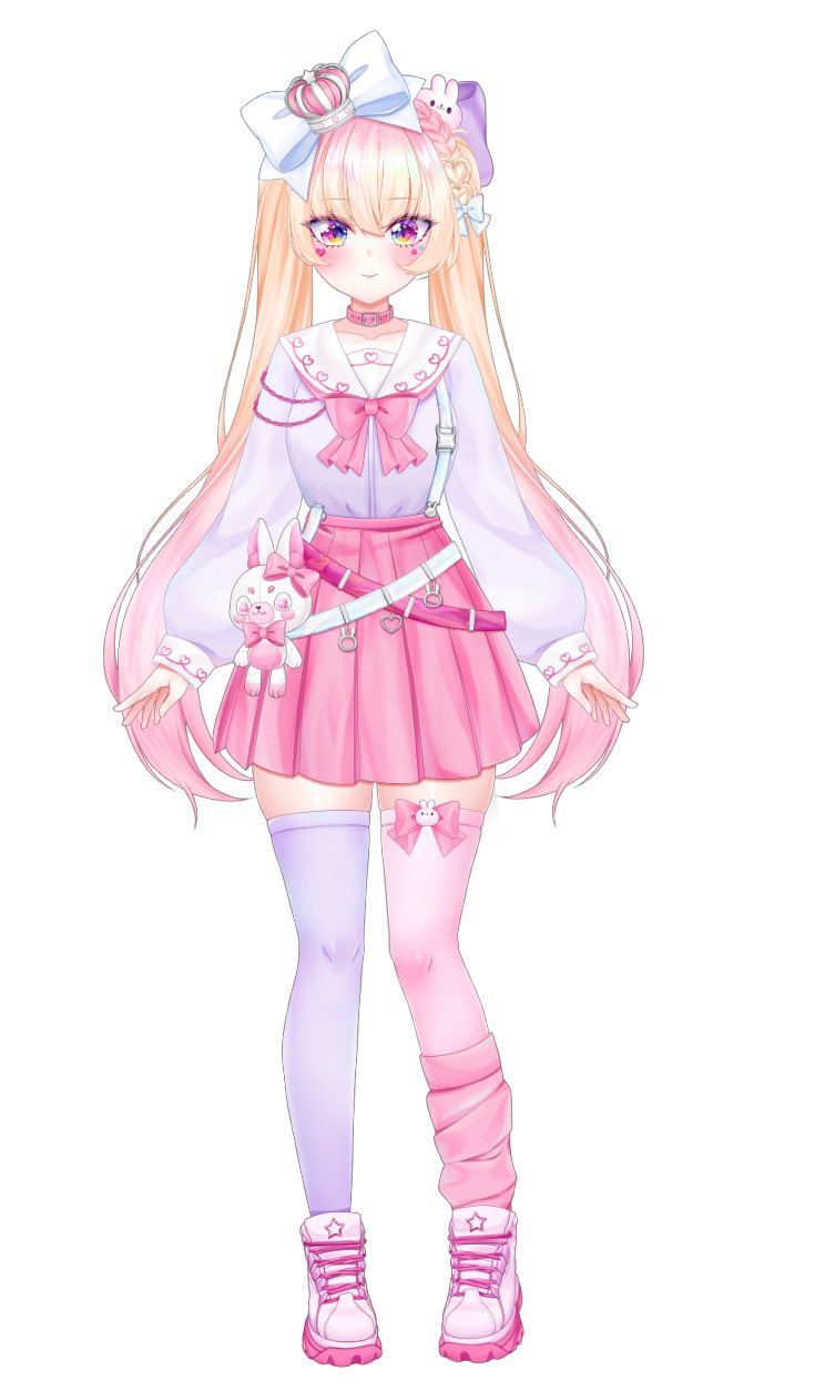 1girl, bag, blonde_hair, blush, collar, highres, kudalive, lina_vermillion, long_hair, looking_at_viewer, multicolored_eyes, multicolored_hair, open_mouth, pink_hair, pink_ribbon, pink_skirt, pink_thighhighs, purple_shirt, ribbon, shirt, simple_background, skirt, smile, two-tone_clothes, two-tone_hair, very_long_hair, white_background, white_ribbon