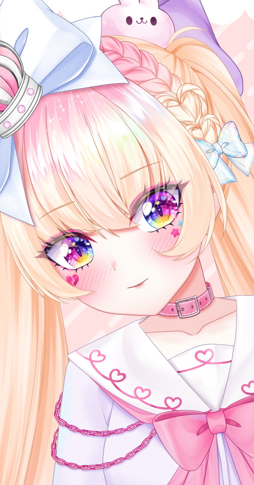 1girl, animal_costume, blonde_hair, blue_ribbon, blush, c:, collar, highres