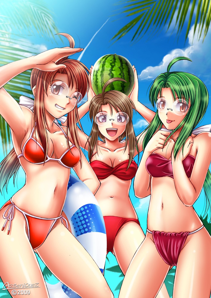 3girls, :p, absurdres, ahoge, arms_up, bandeau, beach, bikini