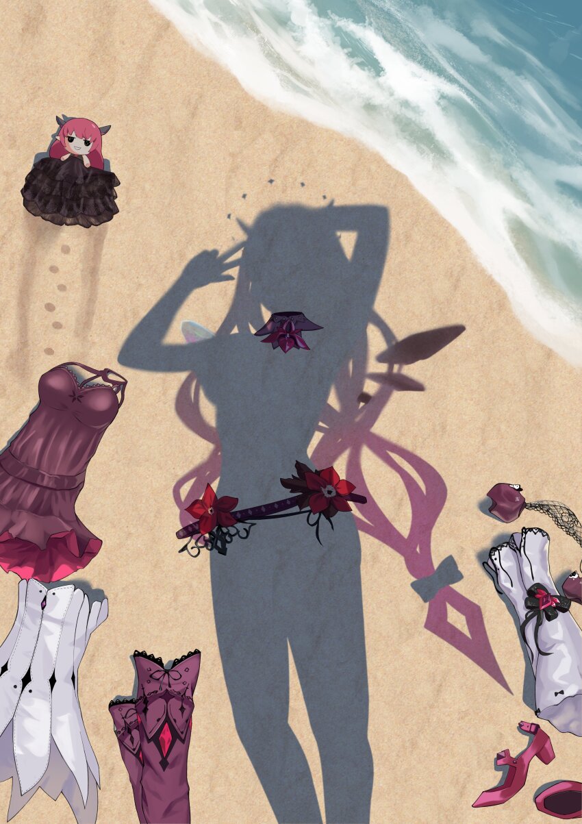 1girl, absurdres, beach, belt, dress, dressed_shadow_(meme), highres, hololive