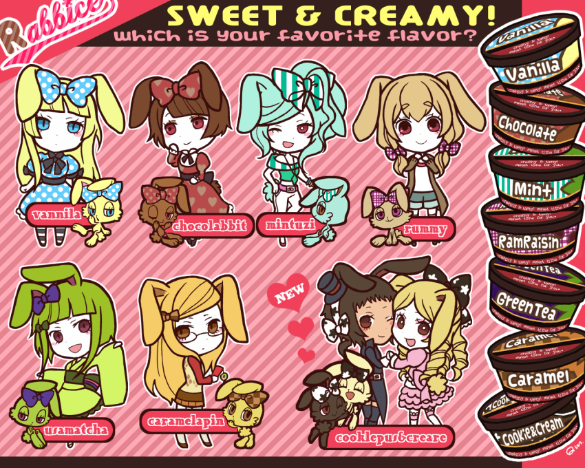 6+girls, animal_ears, blonde_hair, blush, bow, brown_hair, caramel, chibi, chocolate, cookies_&amp;_cream, cup, disposable_cup, disposable_ice_cream_cup, dress, english_text, food, glasses, green_hair, green_tea, hair_bow, hair_ribbon, hat, heart, heart_print, ice_cream, japanese_clothes, kimono, mini_hat, mini_top_hat, mint, multiple_girls, open_mouth, original, personification, pleated_skirt, polka_dot, polka_dot_dress, print_dress, q_m, rabbit, rabbit_ears, rabbit_tail, ribbon, rum_raisin, skirt, smile, tail, tea, top_hat, unmoving_pattern