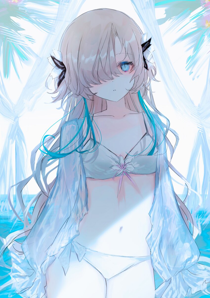 1girl, absurdres, bikini, blue_eyes, blue_hair, breasts, cowboy_shot, expressionless