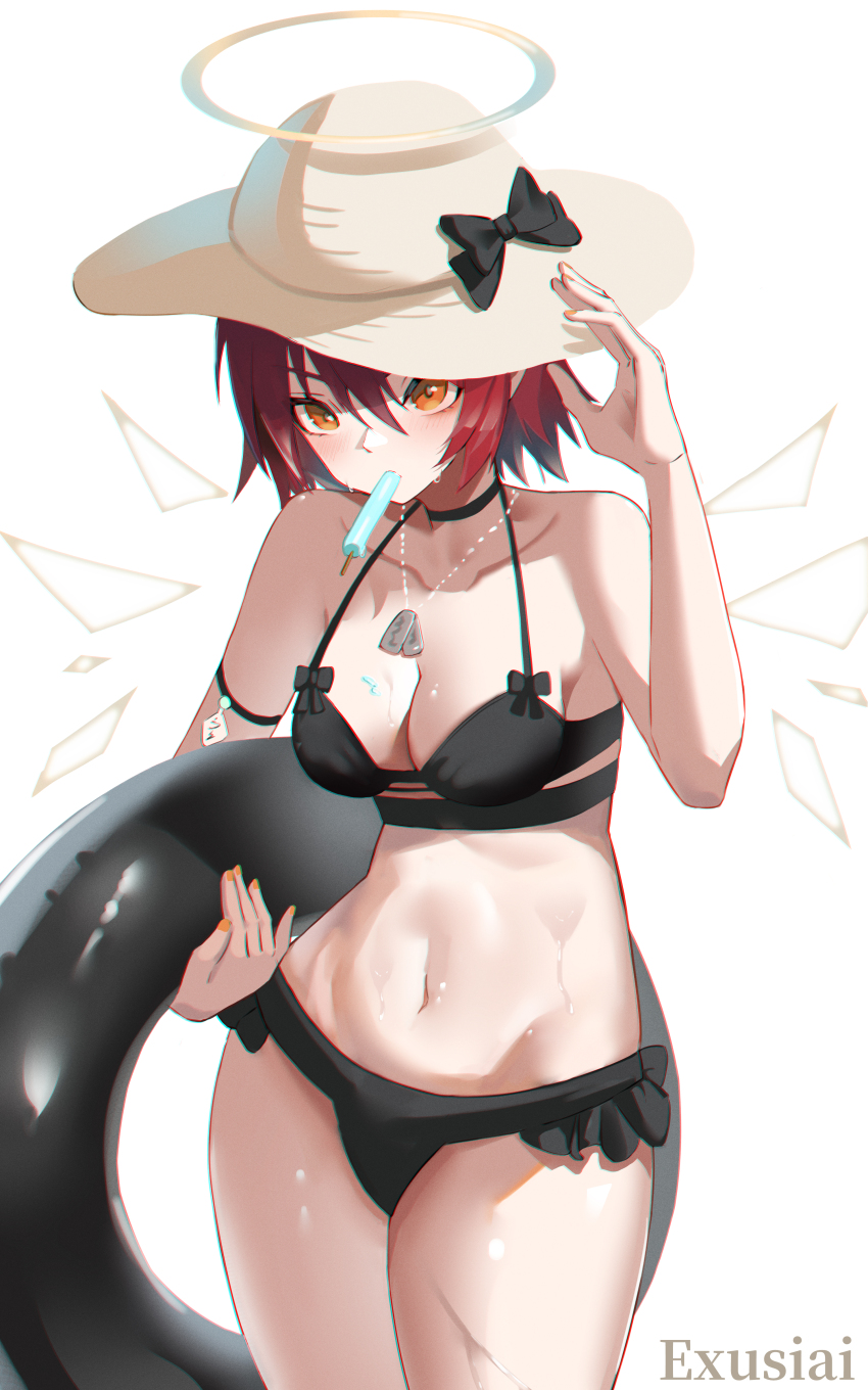 1girl, absurdres, arknights, arm_strap, bai_shiro@, bare_shoulders, bikini, black_bikini