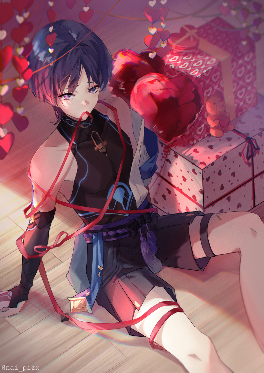 1boy, absurdres, artist_name, balloon, bare_shoulders, belt, black_belt, black_bow