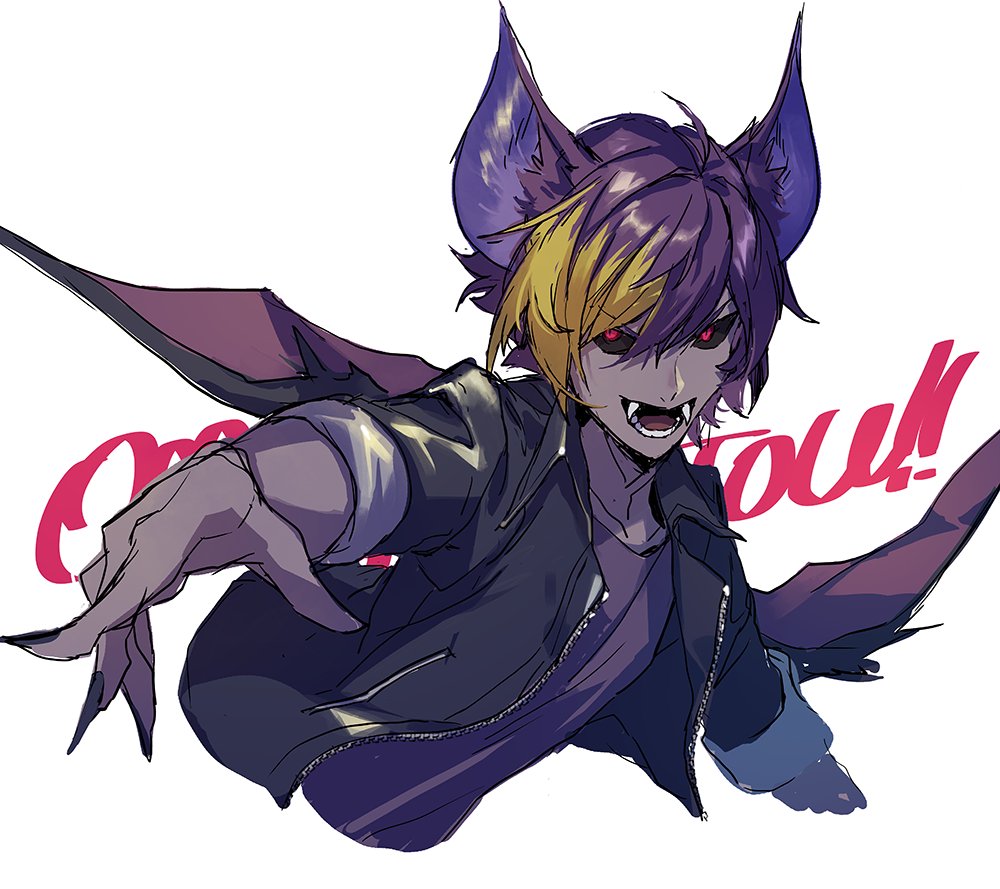 >:), 1boy, ahoge, animal_ears, bat_boy, bat_ears, bat_wings, black_jacket, black_sclera, blonde_hair, collarbone, collared_jacket, colored_sclera, colored_skin, commentary_request, cropped_torso, demon_bat_(show_by_rock!!), ebira, fangs, fingernails, from_side, hair_between_eyes, jacket, looking_at_viewer, male_focus, multicolored_hair, open_mouth, outstretched_arm, pink_eyes, purple_hair, purple_shirt, purple_skin, reaching, reaching_towards_viewer, sharp_fingernails, shirt, show_by_rock!!, simple_background, slit_pupils, solo, two-tone_hair, upper_body, v-shaped_eyebrows, white_background, wings