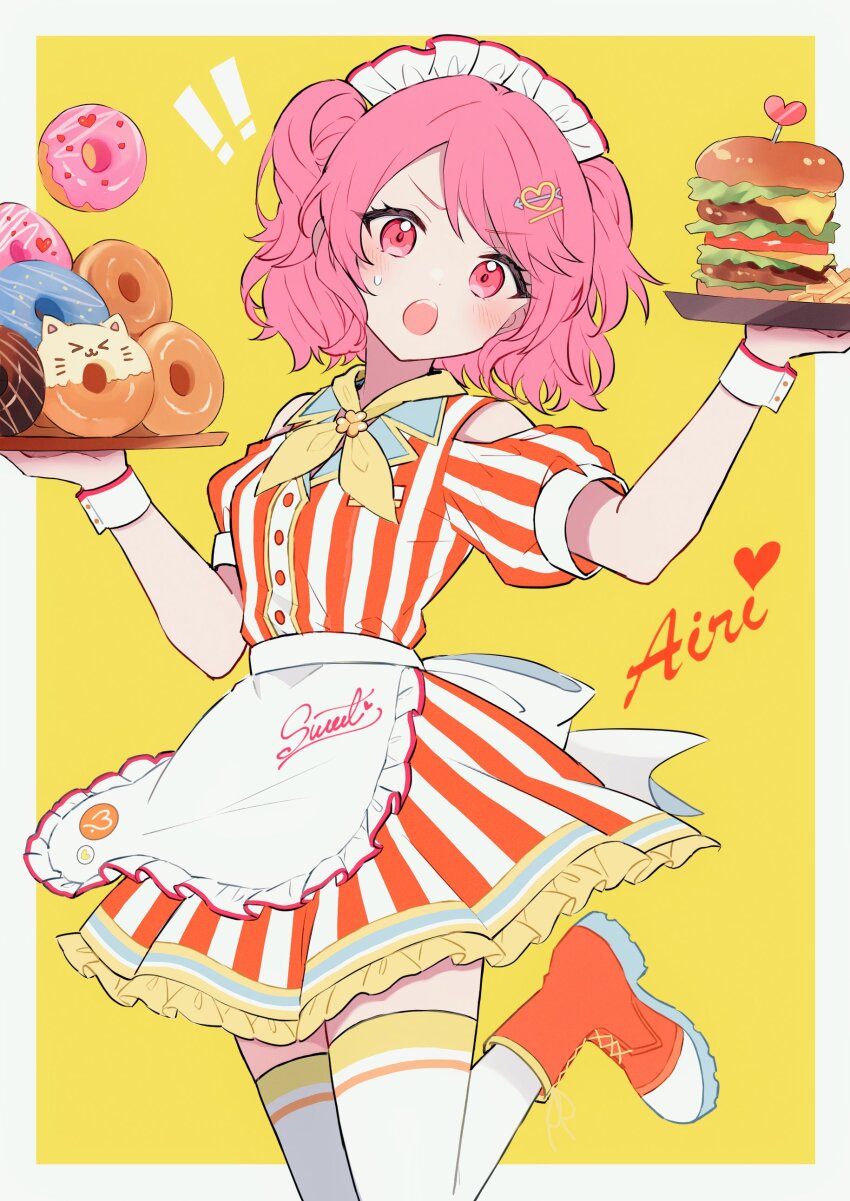 !, !!, 1girl, absurdres, apron, back_bow, boots, bow, burger, donut, dotabata_cafe_rec!!_(project_sekai), dress, food, hair_ornament, heart, heart_hair_ornament, highres, holding, holding_tray, hrn_ohana, looking_at_viewer, maid_headdress, medium_hair, momoi_airi, neckerchief, open_mouth, orange_boots, pink_eyes, pink_hair, project_sekai, puffy_short_sleeves, puffy_sleeves, short_sleeves, solo, standing, standing_on_one_leg, striped_clothes, striped_dress, tray, twintails, waitress, white_apron, white_bow, yellow_background, yellow_neckerchief