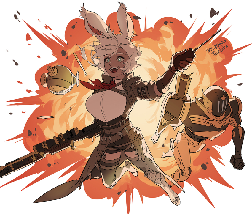 1girl, animal_ears, arm_belt, artist_name, ascot, automaton_queen, black_shorts, boots, braid, bright_pupils, brown_boots, brown_coat, brown_gloves, byuub, chest_strap, coat, collared_coat, commentary, controller, dated, debris, elbow_gloves, english_commentary, explosion, final_fantasy, final_fantasy_xiv, full_body, gloves, green_eyes, gun, high-waist_shorts, holding, holding_controller, holding_gun, holding_weapon, knee_pads, looking_ahead, machinist_(final_fantasy), midair, open_mouth, rabbit_ears, red_ascot, rifle, robot, shirt, short_hair, shorts, side_braid, signature, simple_background, single_braid, solo, sweatdrop, thigh_boots, viera, warrior_of_light_(ff14), weapon, white_background, white_hair, white_pupils, white_shirt, wide-eyed