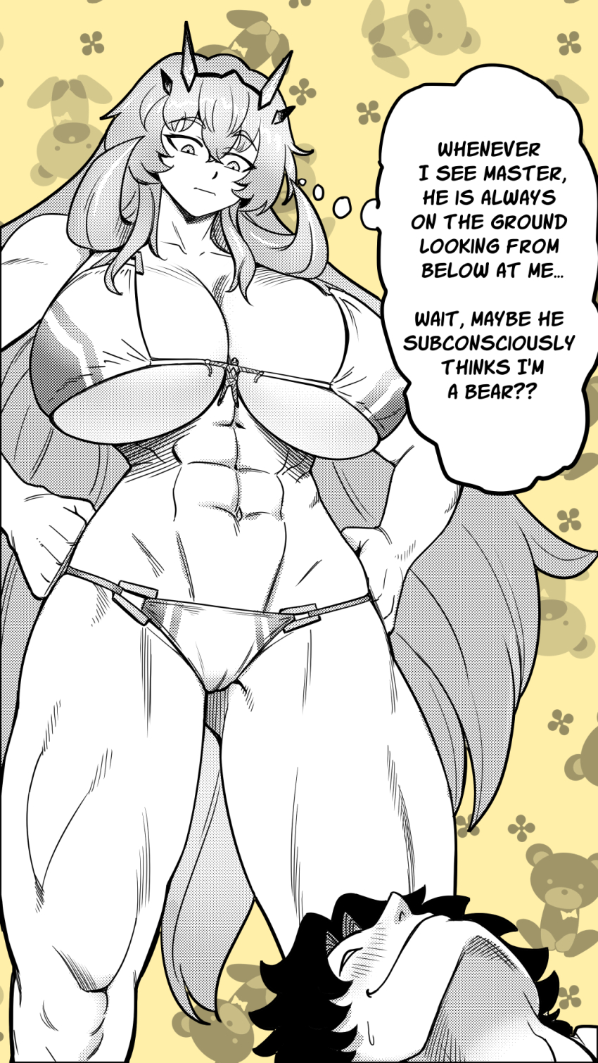 1boy, 1girl, abs, barghest_(fate), barghest_(swimsuit_archer)_(final_ascension)_(fate), bikini, breasts, clueless