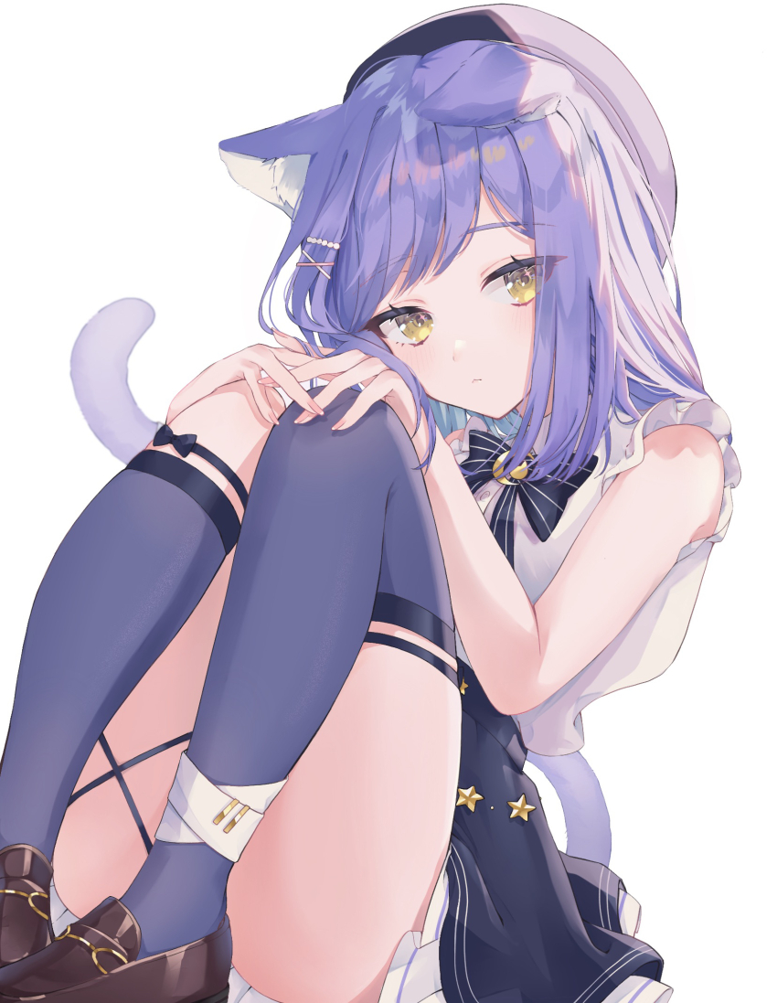 1girl, animal_ears, bandaged_ankle, bare_shoulders, black_bow, black_bowtie, black_ribbon, black_shoes, black_socks, bow, bowtie, brooch, cat_ears, cat_girl, cat_tail, colored_inner_hair, commentary_request, crescent, crescent_brooch, dot_nose, dress, earrings, frilled_skirt, frilled_sleeves, frills, hat, highres, hugging_own_legs, jewelry, kneehighs, knees_to_chest, knees_up, light_blush, loafers, long_sleeves, looking_at_viewer, medium_hair, moon, multicolored_hair, pink_nails, purple_hair, purple_hat, ribbon, shinomiya_runa, shoes, short_dress, simple_background, sitting, skirt, sleeves_past_wrists, socks, solo, star_(symbol), star_earrings, star_ornament, tail, thigh_strap, thighhighs, two-tone_hair, virtual_youtuber, vspo!, white_background, yellow_eyes, ziuuun